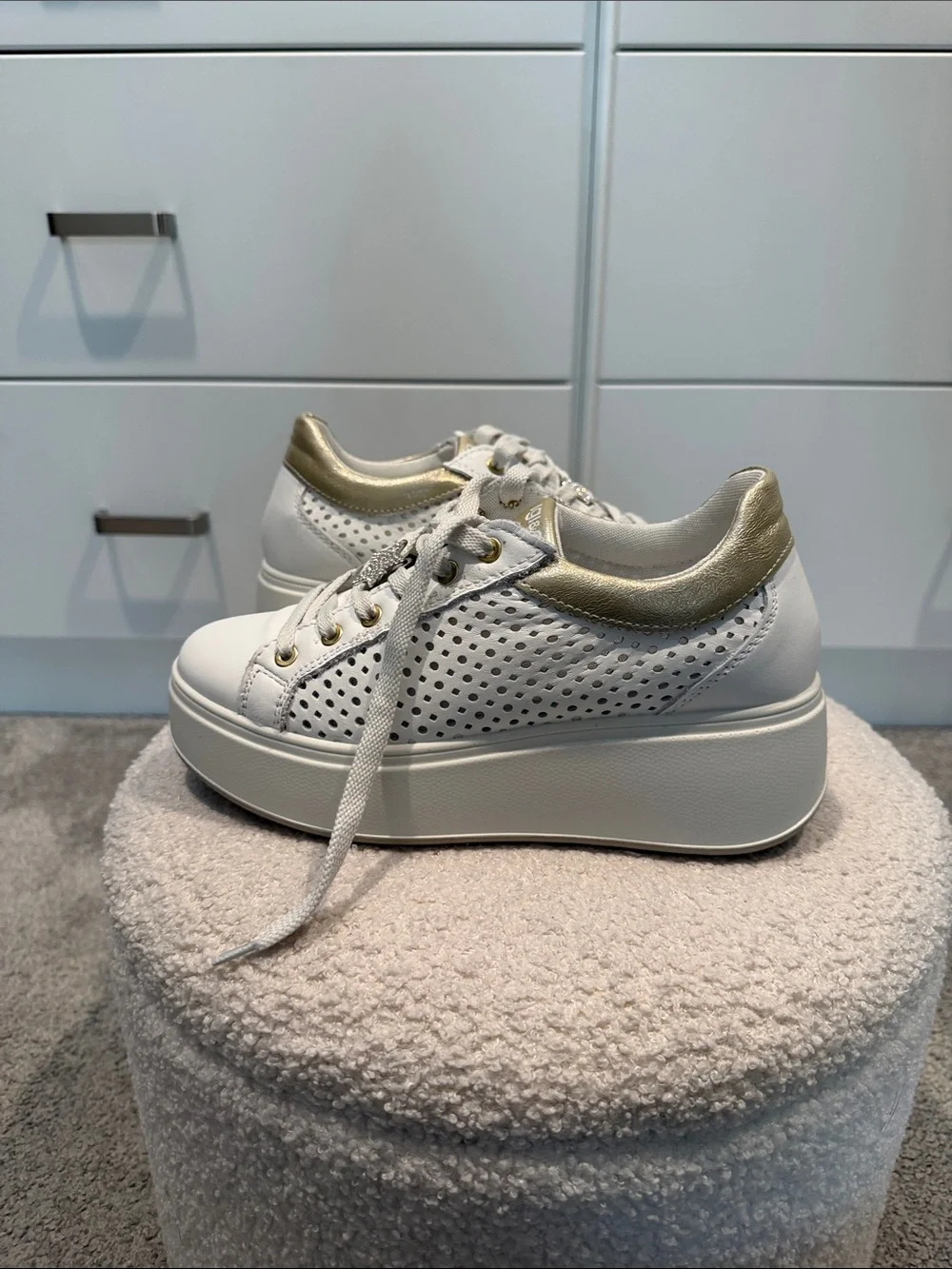 Women’s White Platform Sneakers with Gold Heel Accent